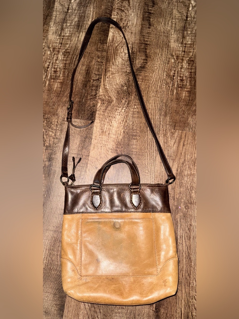 FRYE two toned brown and tan leather handbag